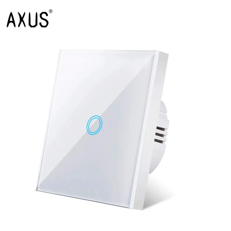 AXUS touch switch panel in white tempered crystal glass with blue LED ring for wall lighting
