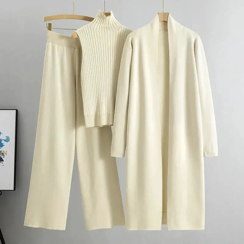 Spring Autumn 3 Piece Women Cardigan Tracksuit Set Knitted Pant Outfit With Turtleneck Vintage Fashion