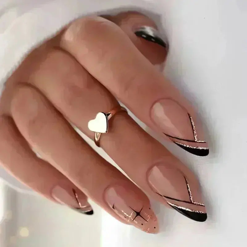 Glamora French Almond False Nails 24 Piece Press On Stiletto Tips With White Edge Design Glue Included For Wearable Glam