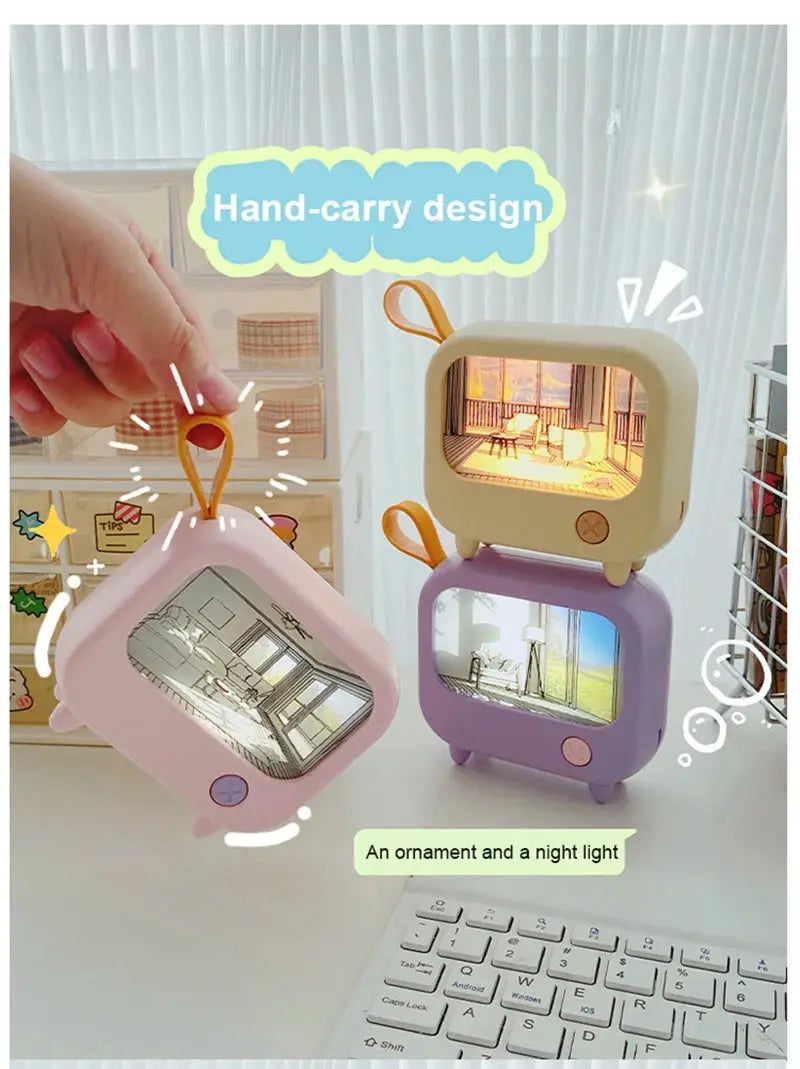 TV painting night light set of 3 lamps with hand-carry strap: pink diamond, lavender stack lamp, beige-top TV lamp