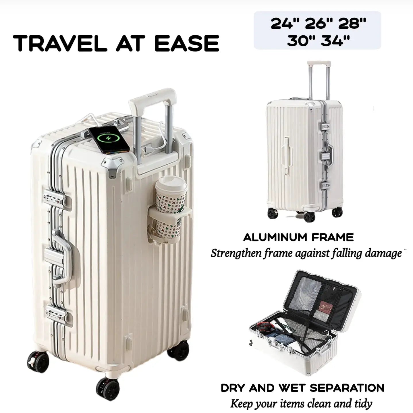 Simples Market luggage set with aluminum frame and USB charging; sizes 24–34 inches