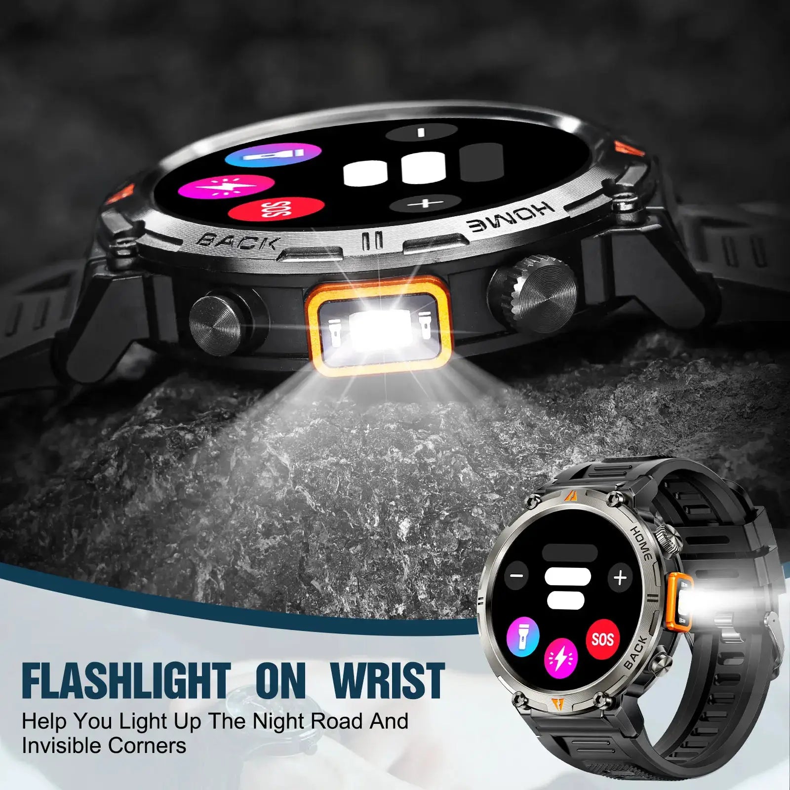 EIGIIS KE3 smartwatch for men; full touch screen, heart-rate monitor, Bluetooth call, flashlight, two rugged watches