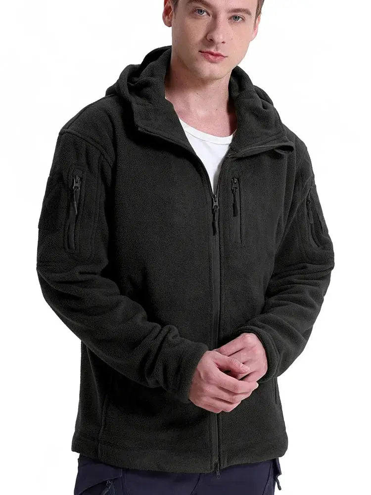 Men's hunting fleece jacket, black full-zip with hood and multiple zip pockets, Simples Market