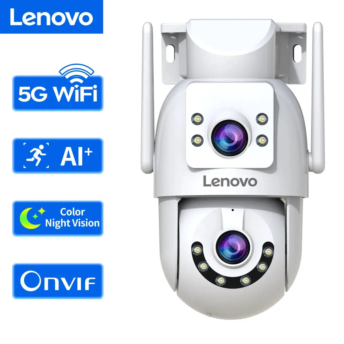 Lenovo 4K WiFi outdoor dual-lens PTZ security camera with AI auto-tracking, 5G WiFi, color night vision, ONVIF
