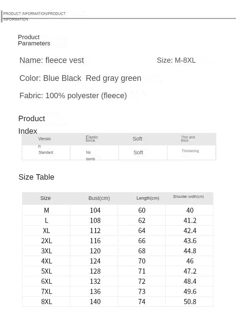 Simples Market fleece vest, sleeveless warm waistcoat; 100% polyester fleece, multi-color options, sizes M-8XL.