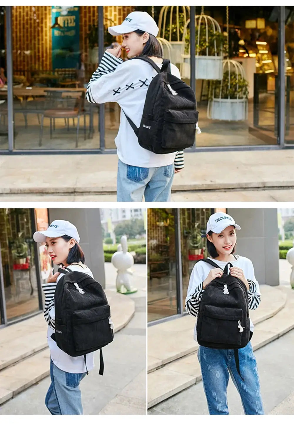 Personalized corduroy student backpack by Simples Market, black anti-theft campus bag.