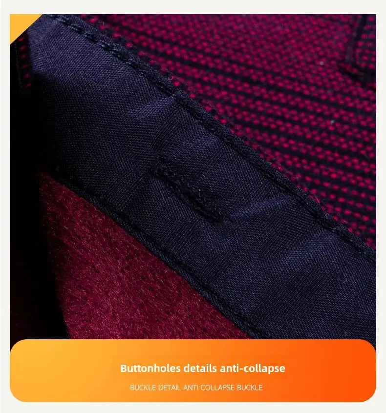 Men's long-sleeved fleece top by Simples Market; close-up of navy binding on red double-sided fleece