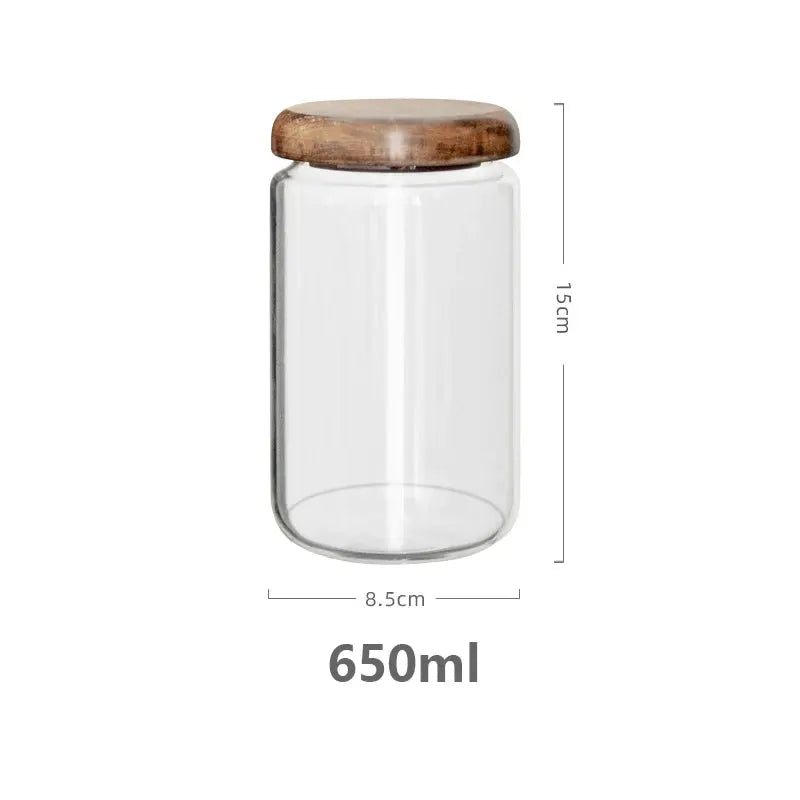 KEMORELA Transparent Glass Storage Jar With Acacia Wood Lid Round Tea Jar For Dried Fruit Snacks Kitchen Organization