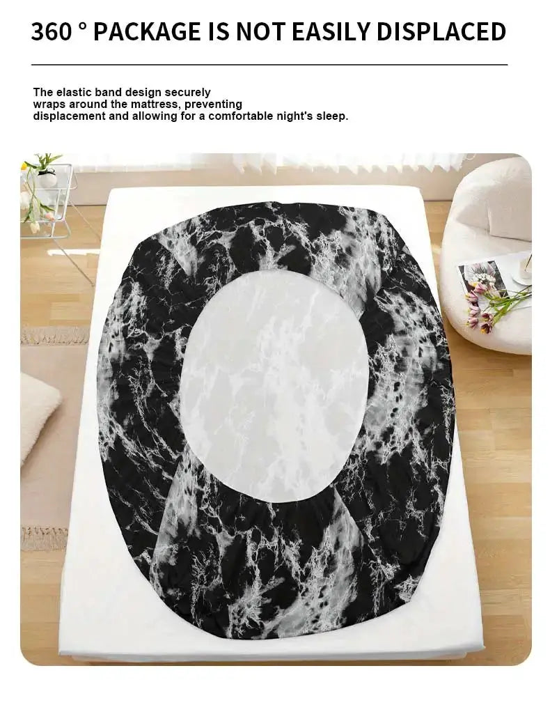 3-Piece Simples Market marble print fitted sheet set, black/white circular marble pattern, ultra-soft microfiber.