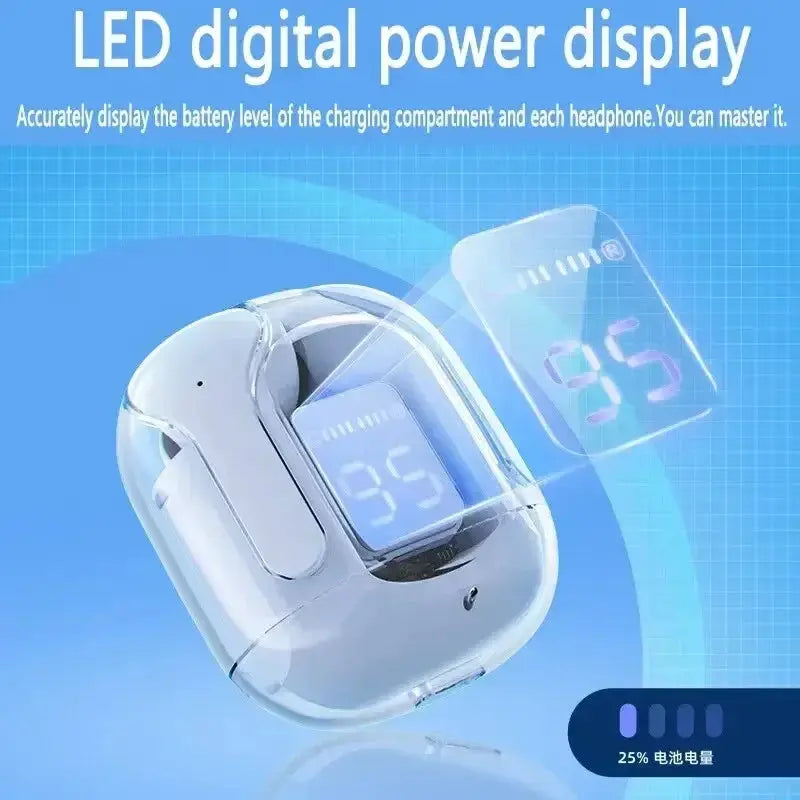 T2 Wireless Bluetooth Earphones With HiFi Sound And LED Power Display Transparent Design