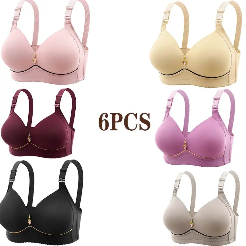 6-pack women's glossy molded-cup bras by Simples Market in assorted colors; no underwire, comfortable, breathable