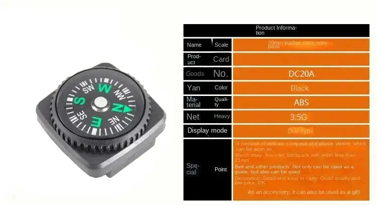 Small outdoor compass with black dial and white-green markings mounted on a gray square base.