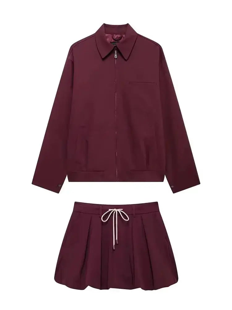 Casual Women Two Piece Set Lace Up Jacket Lantern Sleeve Mini Skirt