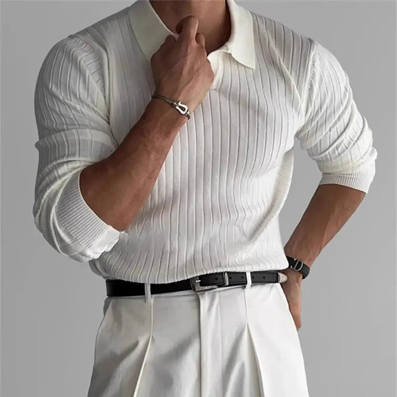 Men's white solid-color V-neck knitted polo shirt with ribbed jacquard texture and long sleeves