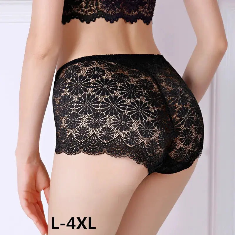Women's black lace high-waisted panties, hollow-out floral lace, plus size L–4XL