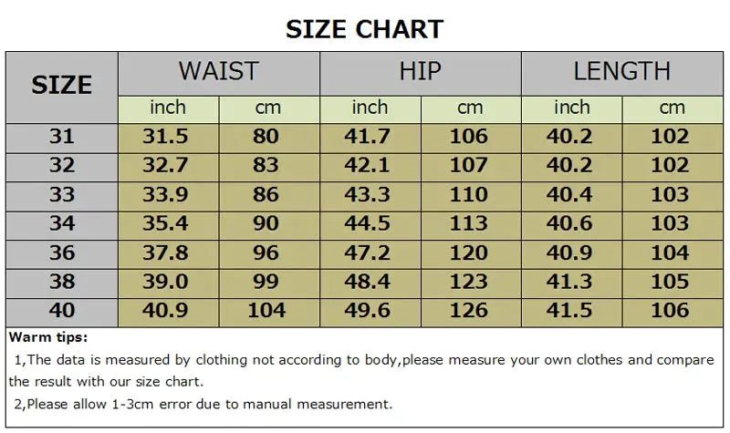 Men's stretch black smart casual trousers size chart with waist, hip, and length measurements (sizes 31–40)