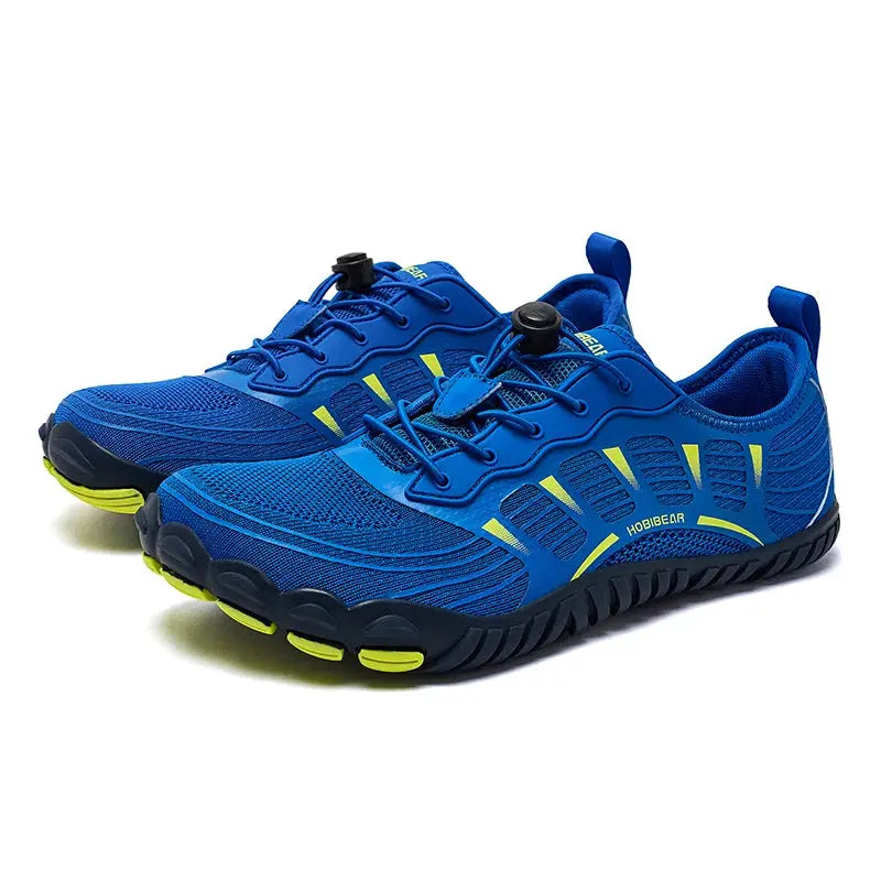 HOBIBEAR barefoot shoes pair in blue with lime-green sole accents and elastic band laces