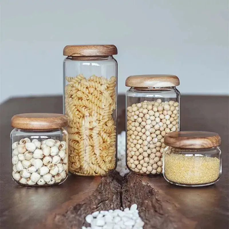 KEMORELA Transparent Glass Storage Jar With Acacia Wood Lid Round Tea Jar For Dried Fruit Snacks Kitchen Organization