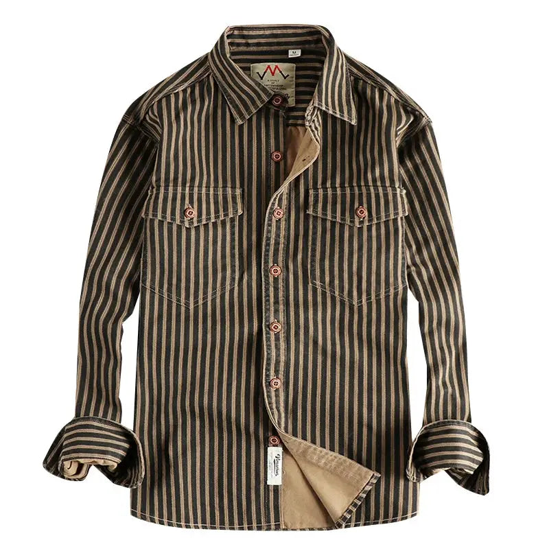 Striped long-sleeve shirt by Simples Market, black and tan vertical stripes, multi-pocket design