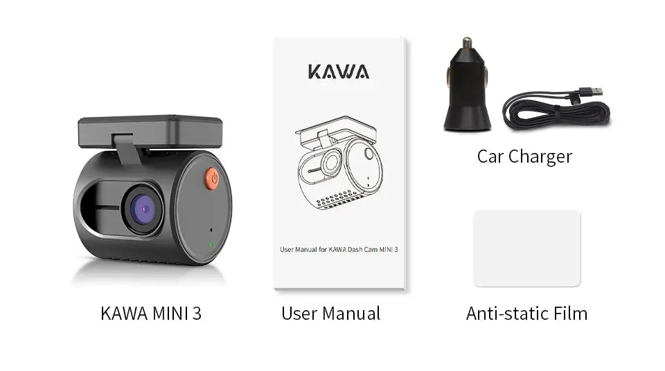 KAWA MINI 3 car dash camera with user manual, car charger, and anti-static film (4 items)
