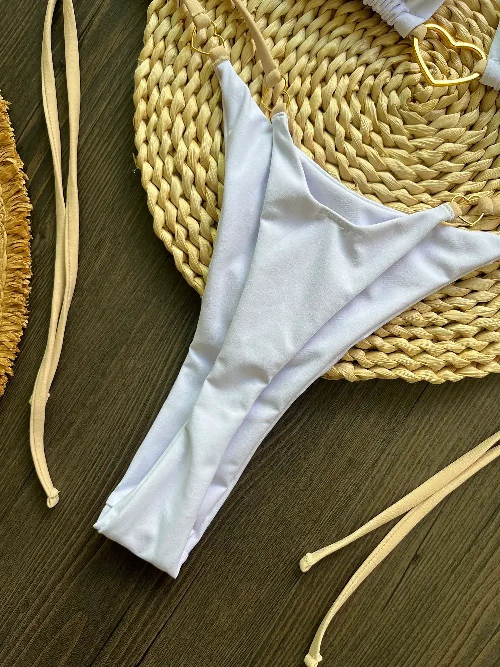 Bikini bottom white triangle thong with beige side ties Simples Market