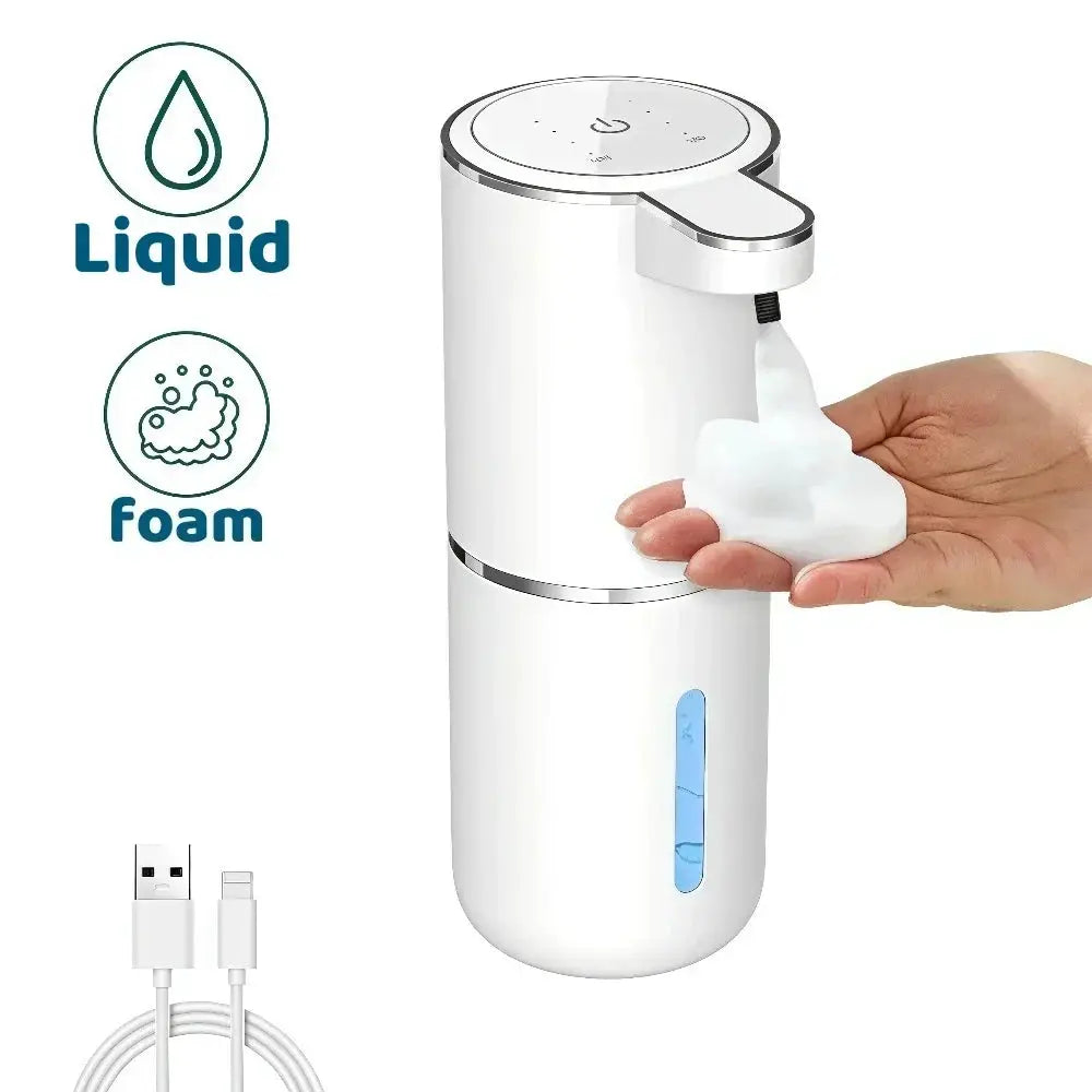 Automatic soap dispenser, touchless, white USB-rechargeable with infrared sensor, supports liquid or foam soap.