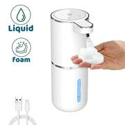 Automatic soap dispenser, touchless, white USB-rechargeable with infrared sensor, supports liquid or foam soap.