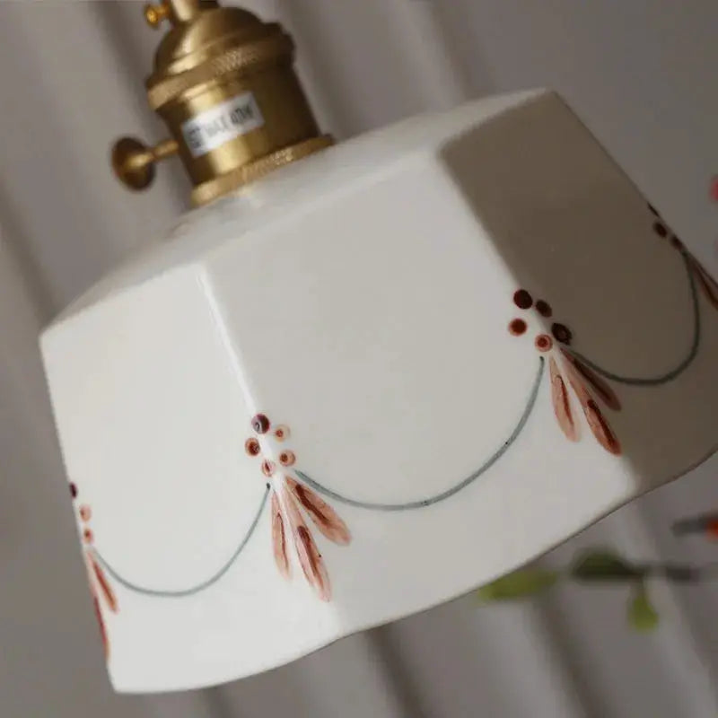 Simples Market Japanese retro brass-glazed ceramic chandelier lamp, white shade with red decorative motifs.