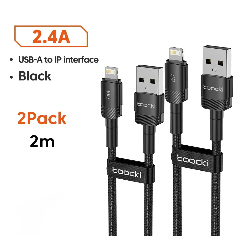 Toocki USB Cable for iPhone, 2m, black braided, USB-A to Lightning, 2-Pack
