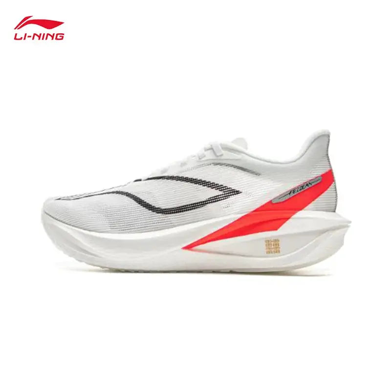 LI-NING Feidian 5 Challenger men's running shoes, white mesh upper with gray accents and red heel stripe.