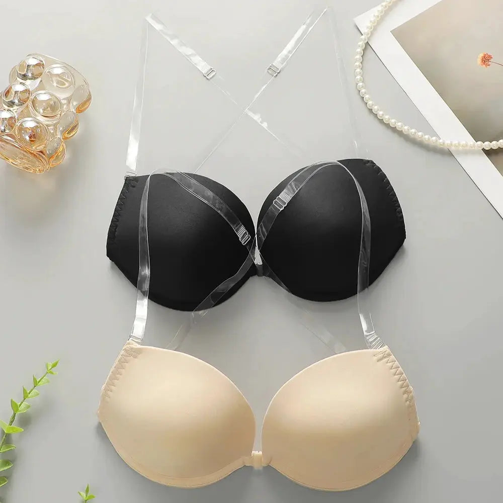 Backless front-closure push-up bras, black and nude, with transparent multiway straps (2-pack)