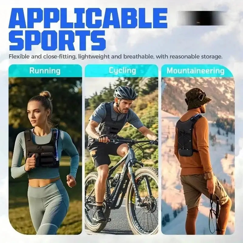 Lightweight running chest pack by Simples Market; black vest bag for running, cycling and mountaineering (3 panel)