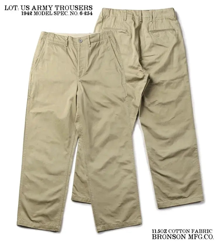 Bronson army chino trousers, khaki 11.5oz cotton fabric, 1942 pattern, two pairs shown