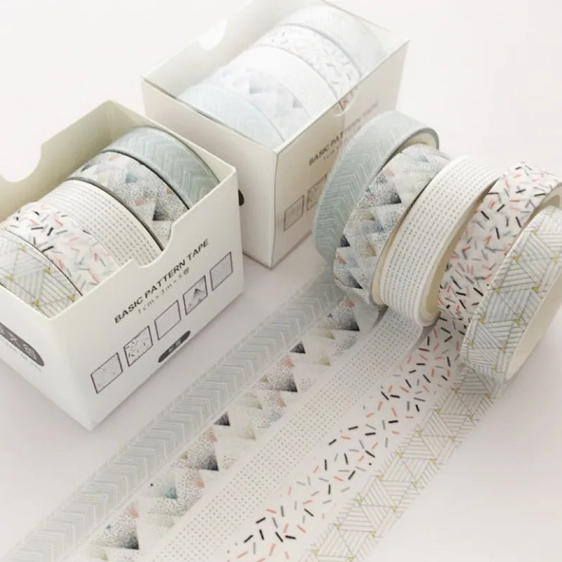 5-roll washi tape set with pastel geometric patterns for crafts and journaling