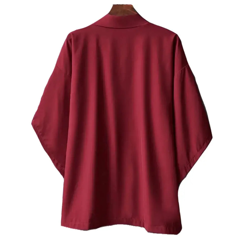 Men's kimono cardigan by Simples Market; lightweight burgundy open-stitch yukata-style outerwear with 3/4 sleeves