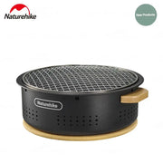 Naturehike tabletop charcoal grill stove, black metal with wooden handles and mesh grate