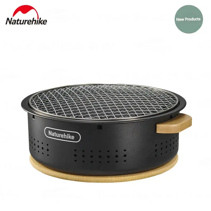 Naturehike tabletop charcoal grill stove, black metal with wooden handles and mesh grate