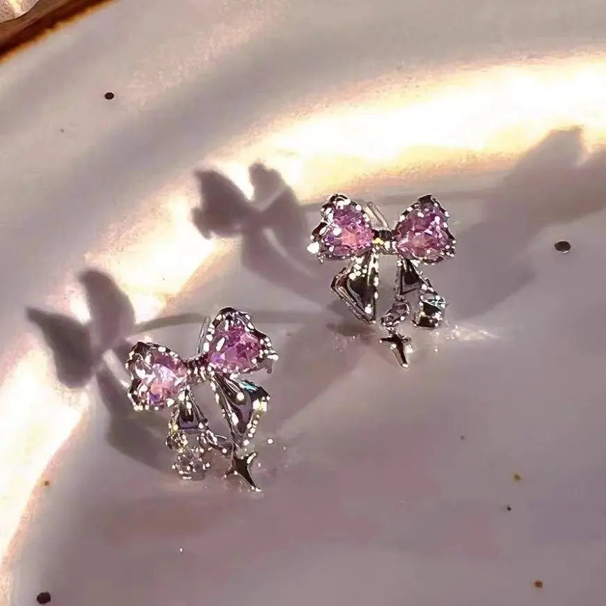 Y2K Bowknot Zircon Stud Earrings For Women Pink Crystal Silver Tone Korean Fashion Party Jewelry Gifts
