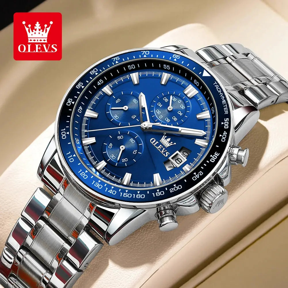 OLEVS TY705 men's stainless steel watch with blue dial, luminous hands, chronograph subdials and tachymeter