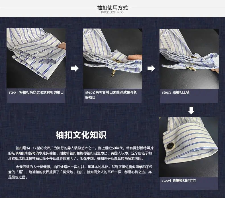 Striped blue and white dress shirt with French cuffs and gold cufflinks; step-by-step cufflink and collar pin usage.