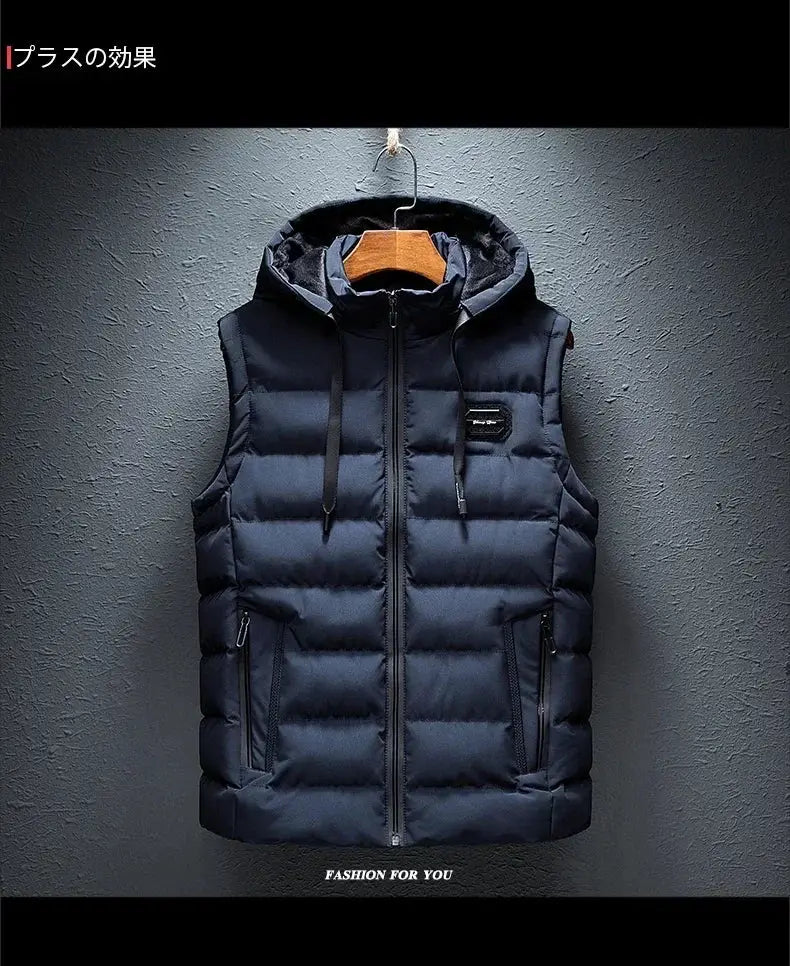 Men's sleeveless hooded padded vest by Simples Market, navy blue cotton-padded with zippered pockets