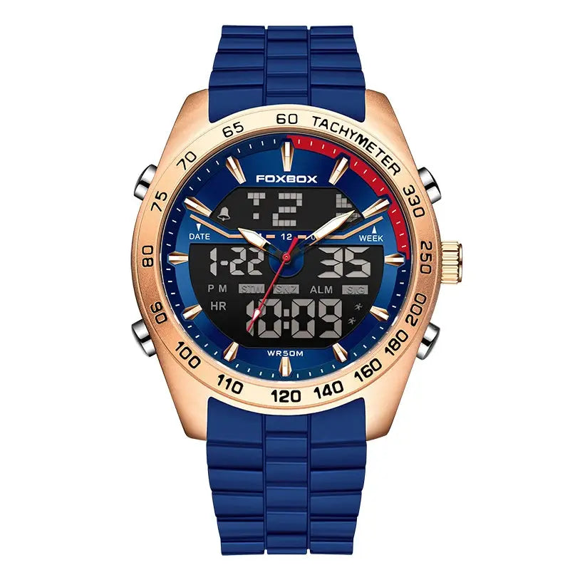 FOXBOX men's digital wristwatch, blue strap with gold-tone bezel and digital display