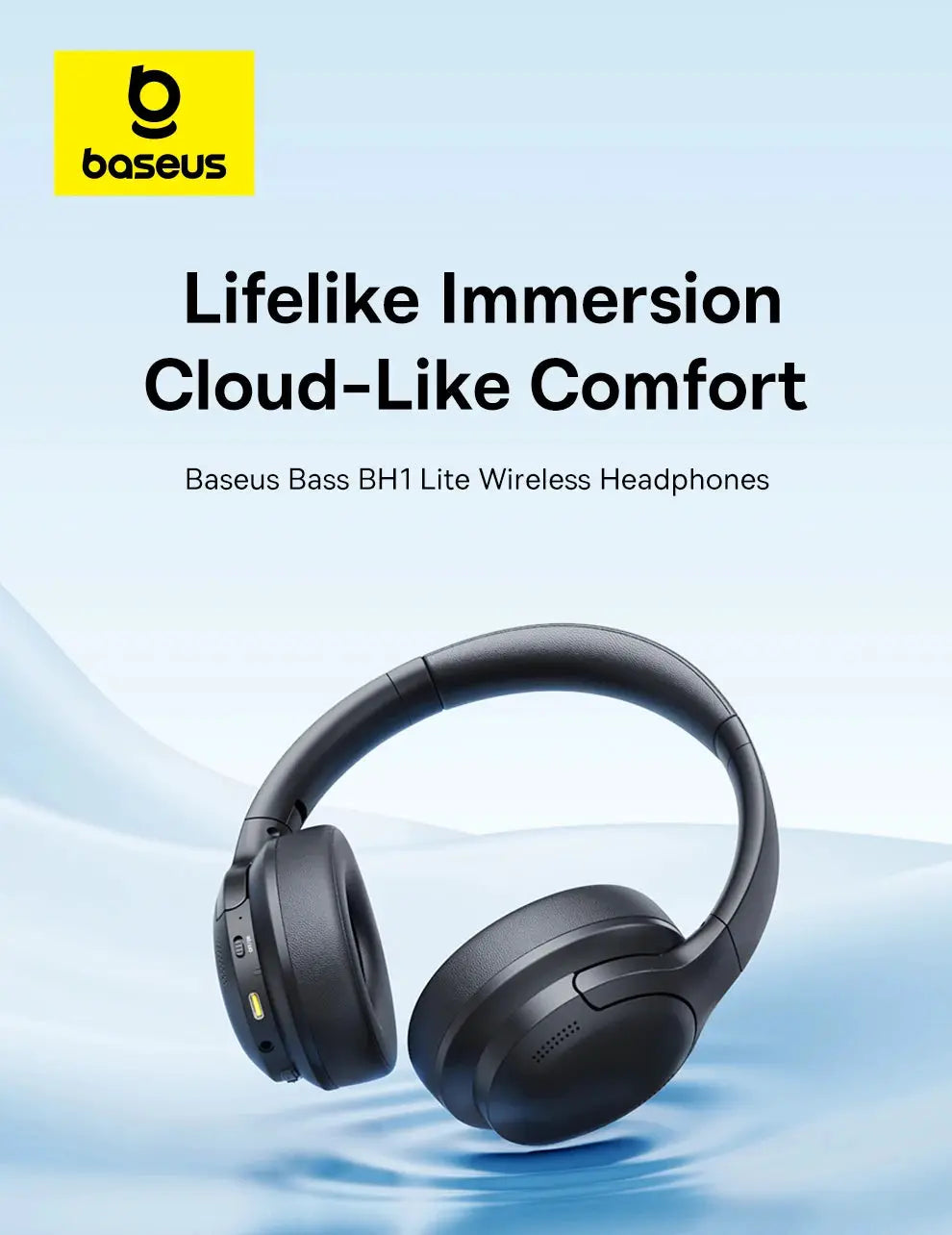 Baseus wireless over-ear headphones in black with foldable design and visible Baseus logo