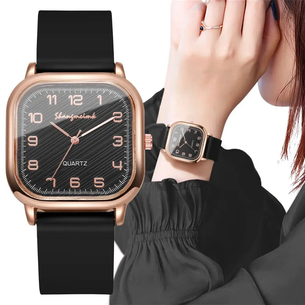 Simples Market square women’s quartz watch with black dial, rose-gold numerals, and silicone strap