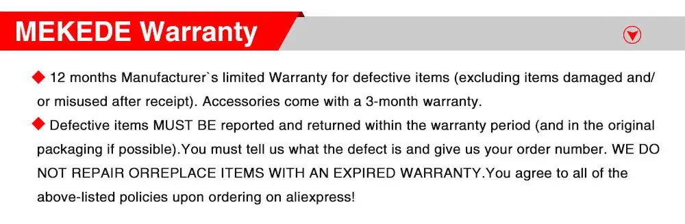 MEKEDE warranty banner detailing 12-month defect warranty and 3-month accessory warranty with return policy