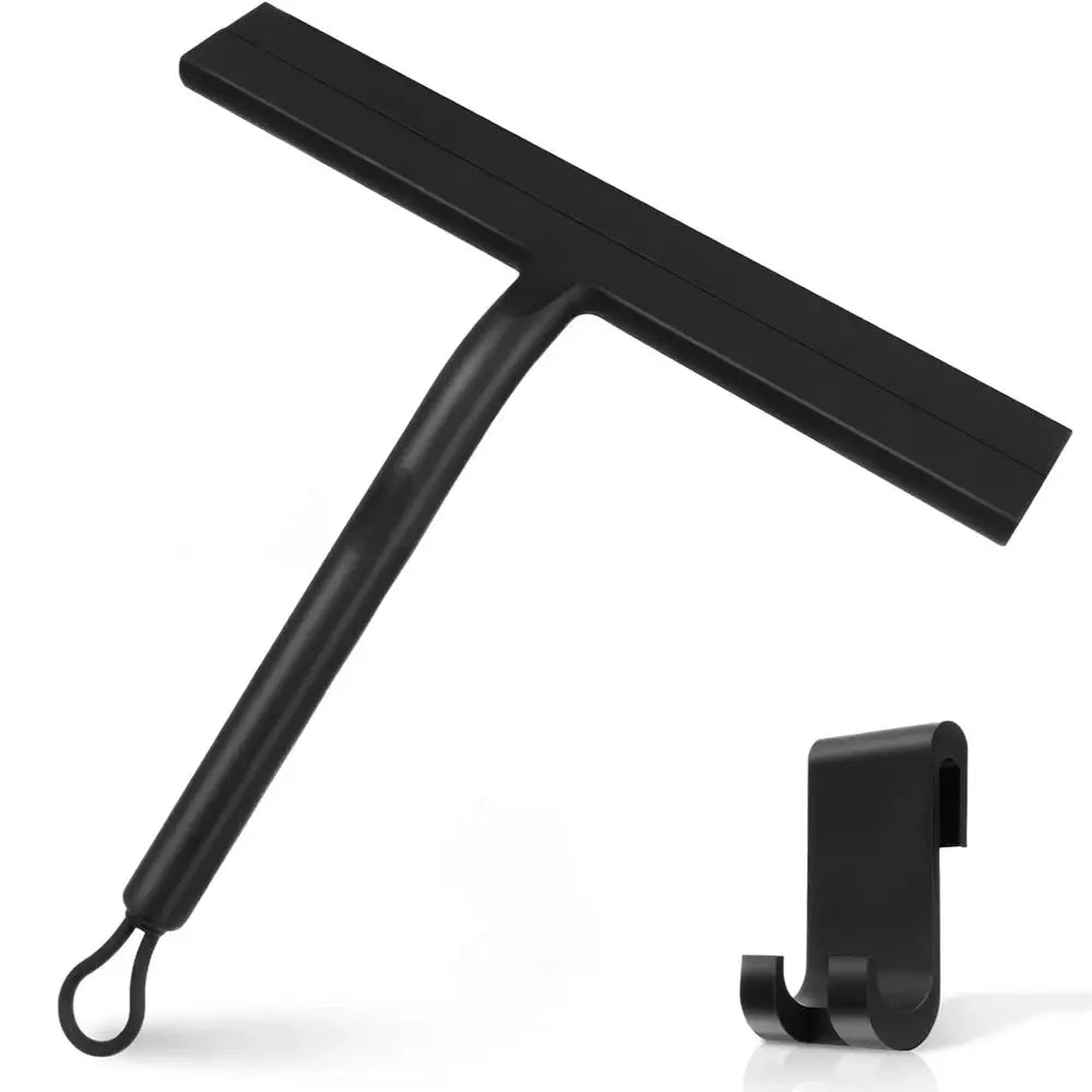 Matte black silicone shower squeegee with long handle and wall-mount holder