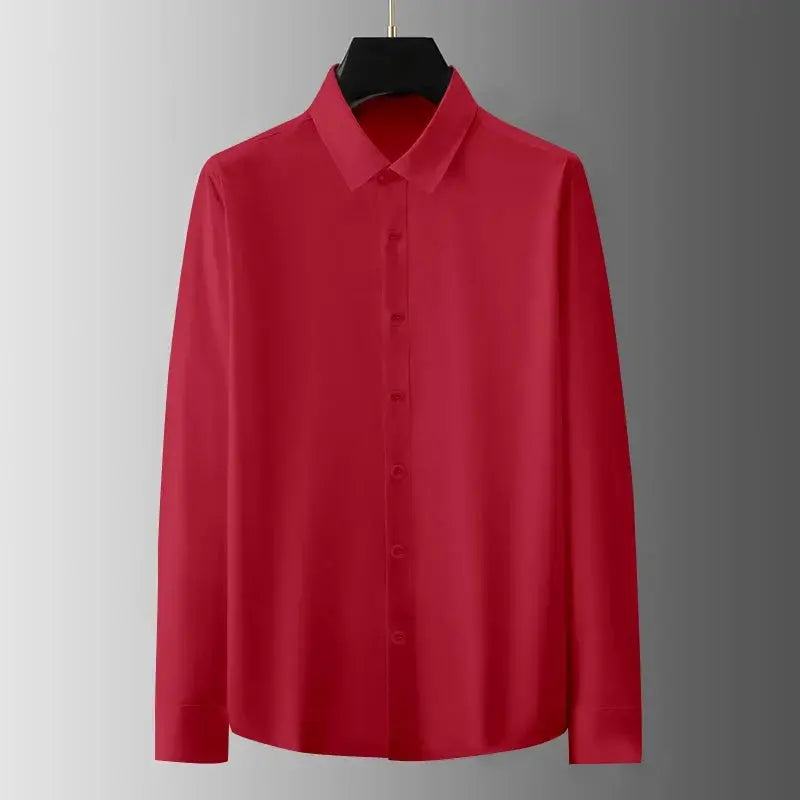 Men's red long-sleeve button-down shirt, solid color with collar, wrinkle-resistant fabric.