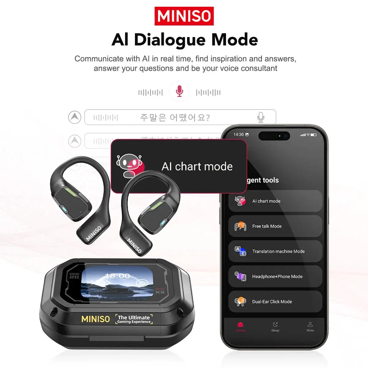 MINISO AI M98 wireless earbuds in black with IPX5, app LCD touch screen and AI translator features