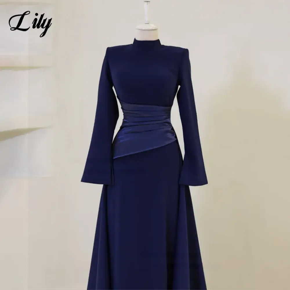 Lily Burgundy Satin Mermaid Prom Dress With High Neck Sleeves Dubai