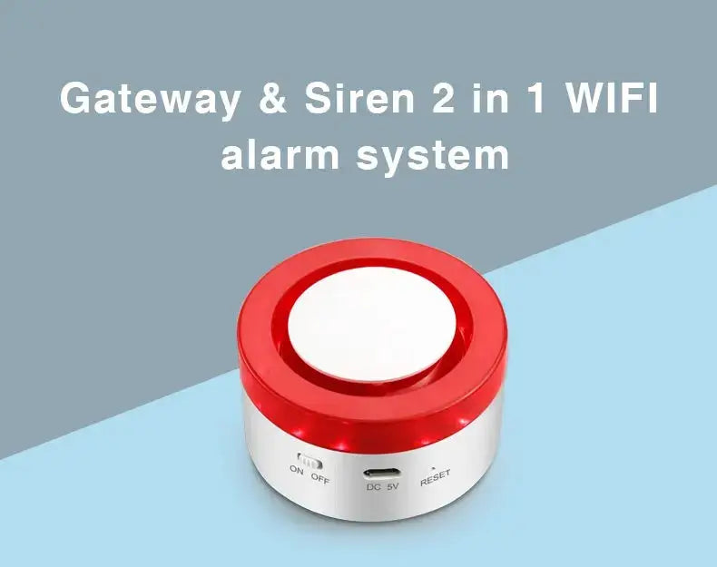 2-in-1 WiFi gateway and siren alarm kit, red circular hub with white center, Simples Market